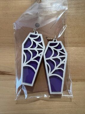 Purple Coffin Earrings with White Spiderweb Overlay
